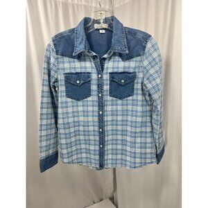 Coldwater Creek Denim Women's Plaid Blue Pearl Snap Shirt 6P 100% Cotton